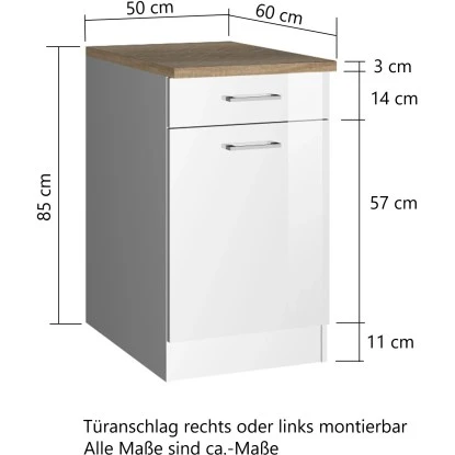 Held Möbel Küchenunterschrank Mailand 50 Cm Tür/Schubkasten Hochglanz Weiß/Weiß – Bild 2